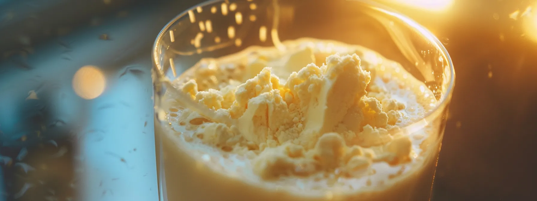 a close-up photo of a creamy whey protein shake in a clear glass, showcasing its essential amino acids and fat-burning properties for weight loss.