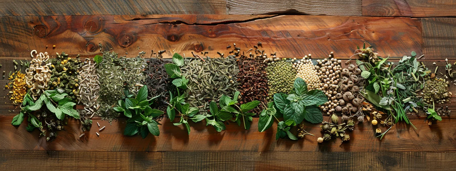 a colorful array of fresh peppermint leaves, lemon balm, licorice root, fennel seeds, cleavers leaf, green tea extract, caraway seeds, senna leaf, cardamom pods, and dandelion leaves and roots arranged on a rustic wooden table, showcasing the natural ingredients in flat tummy tea.