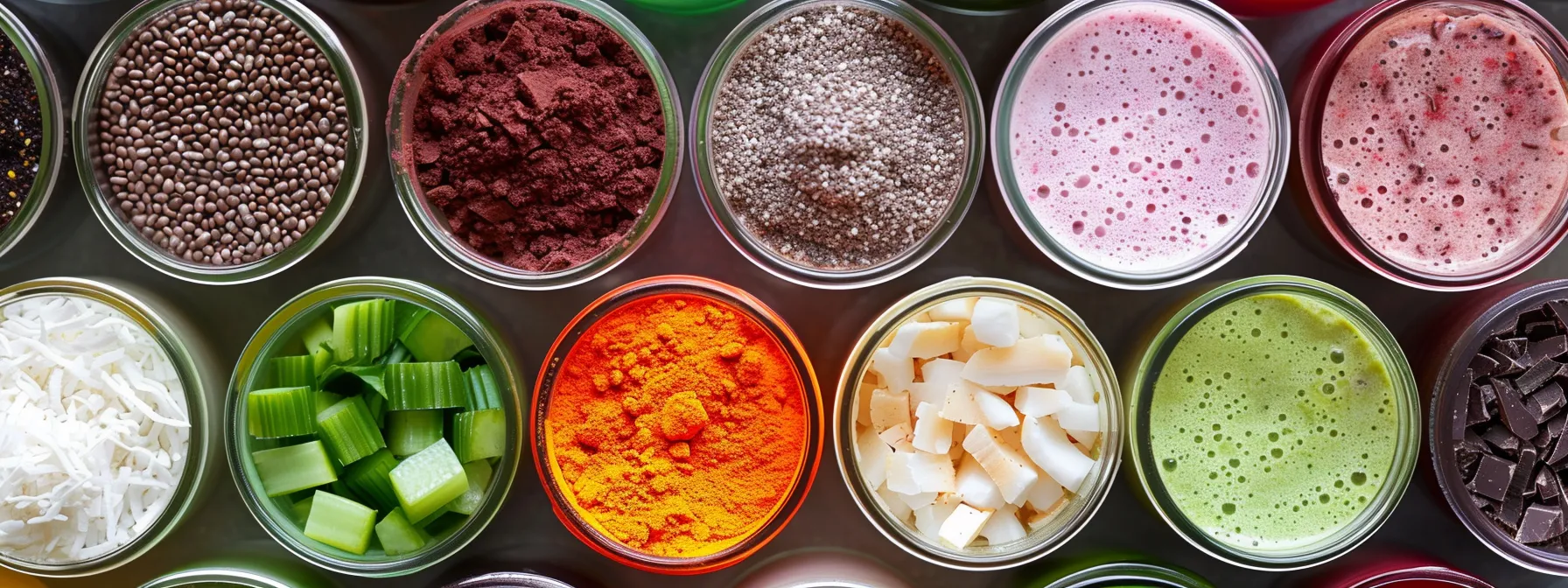 a colorful array of nutrient-rich ingredients like coconut, dark chocolate, and celery, beautifully displayed in glass jars ready to be blended into fat-burning smoothies for weight loss.