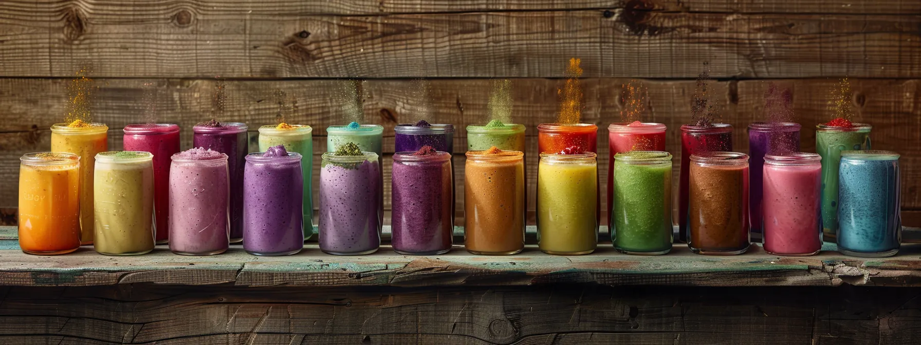 a colorful array of vibrant, nutrient-packed smoothies in various flavors and hues, each enticingly displayed in clear glass jars lined up on a rustic wooden table.