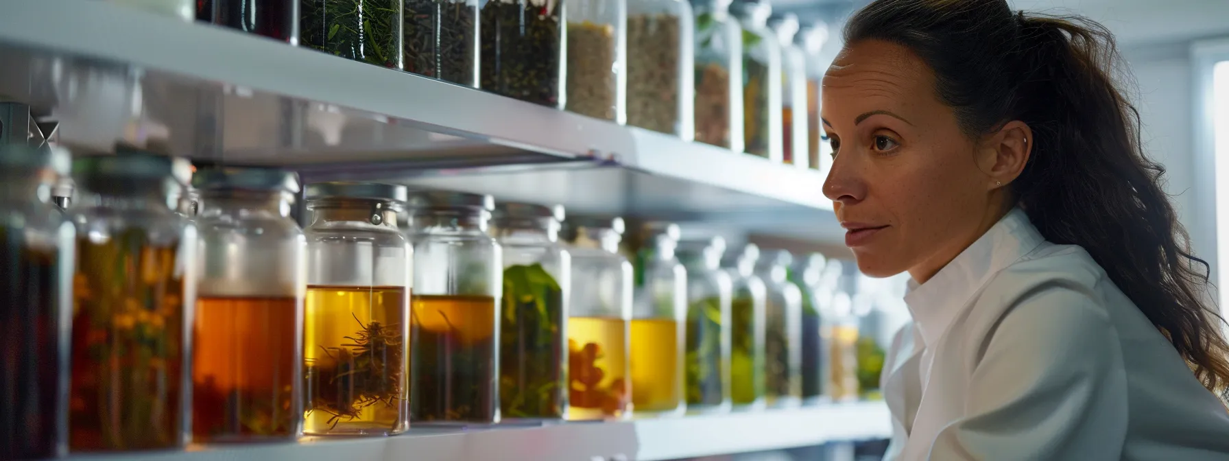 a nutritionist examining a collection of detox teas, carefully studying their ingredients for potential side effects.