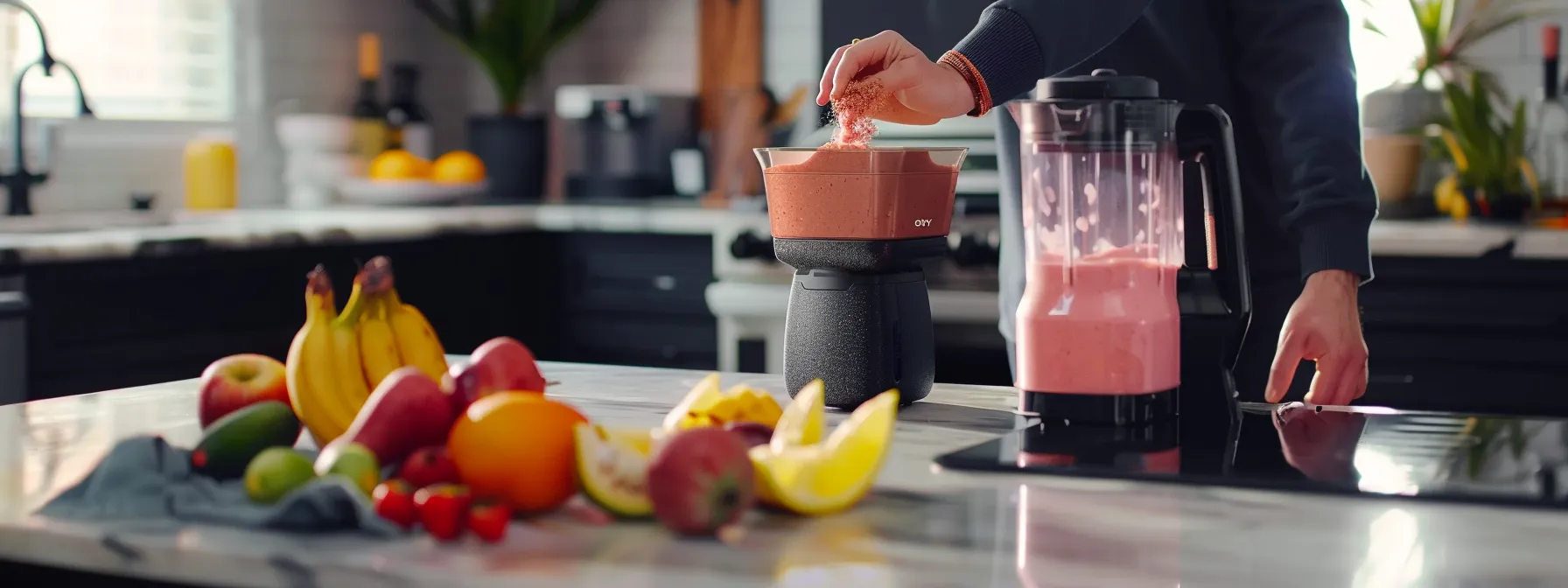 a person blending a smoothie with whey protein powder, fresh fruits, and yogurt in a modern kitchen setting.