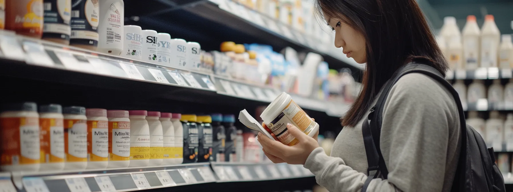 a person carefully reading ingredient labels on various whey protein products displayed on a shelf in a store.