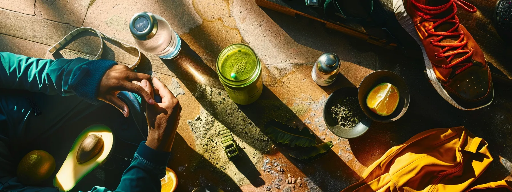 a person enjoying a vibrant green smoothie post-workout, surrounded by workout gear and a water bottle, emphasizing the combination of exercise and hydration in maximizing fat loss.