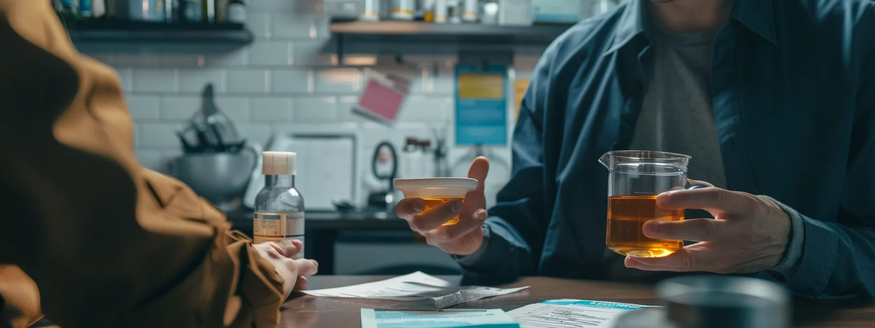 a person holding a cup of detox tea while consulting with a healthcare professional, surrounded by caution signs and prescription bottles.