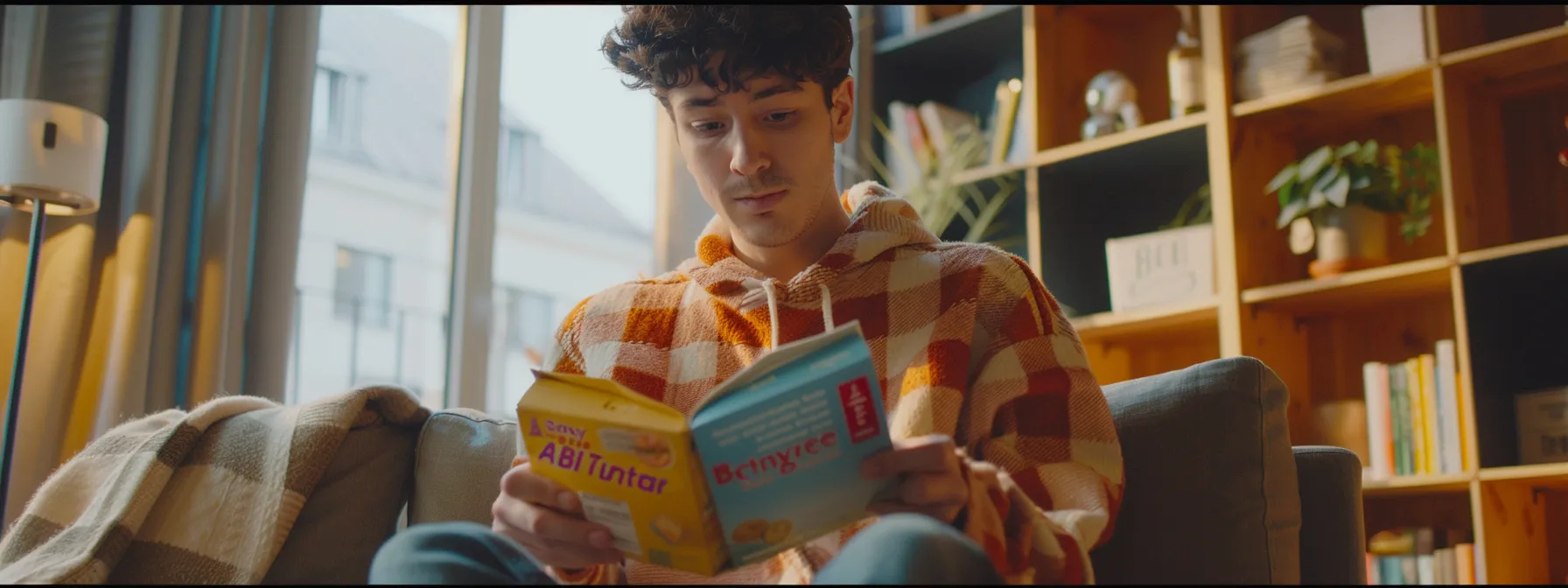 a person looking puzzled while reading a warning label on a box of flat tummy tea.