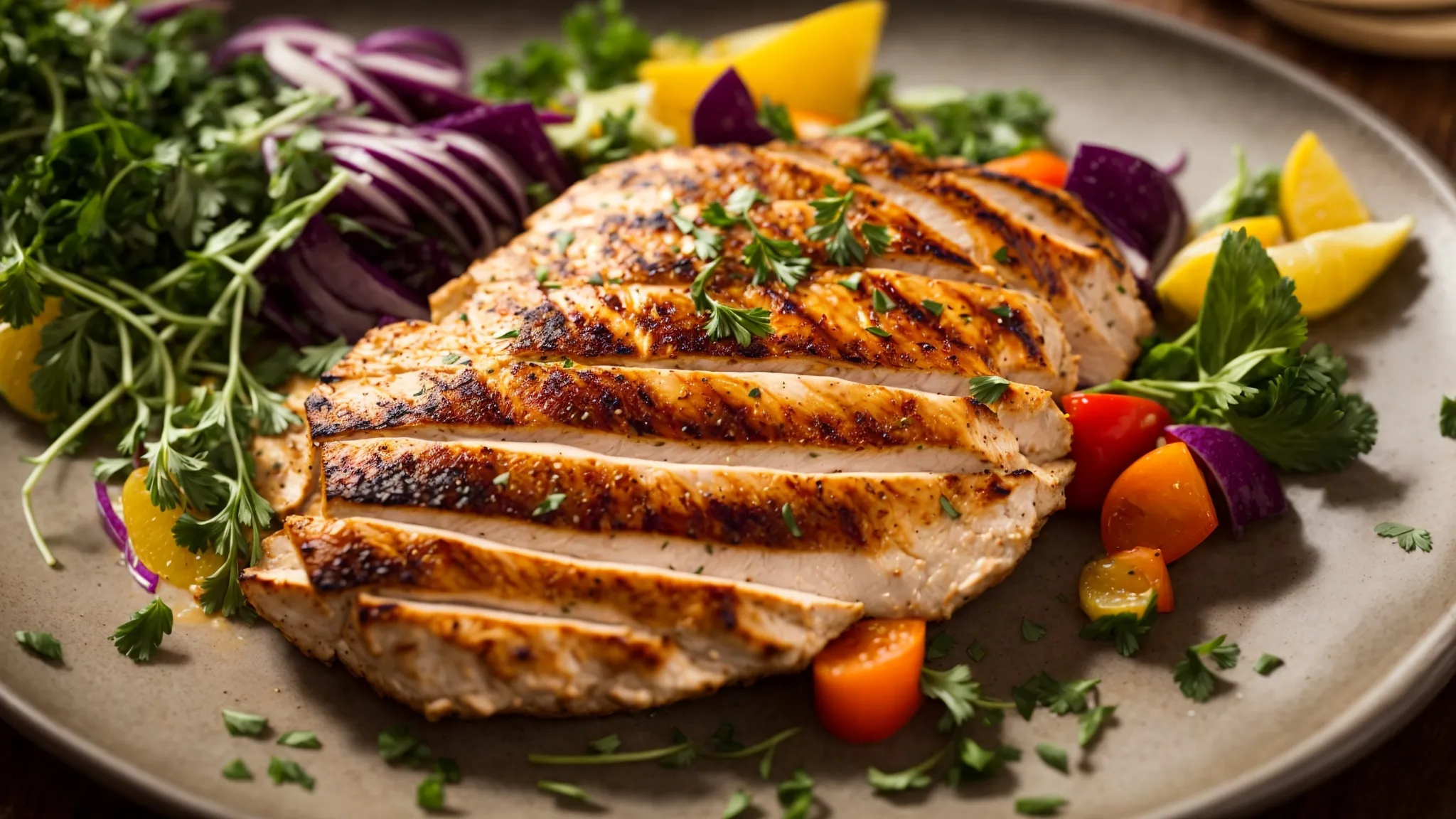 a photo of a juicy grilled chicken breast on a colorful plate, surrounded by vibrant vegetables and a sprinkle of fresh herbs, showcasing protein's role in weight management with a focus on healthy, balanced eating.