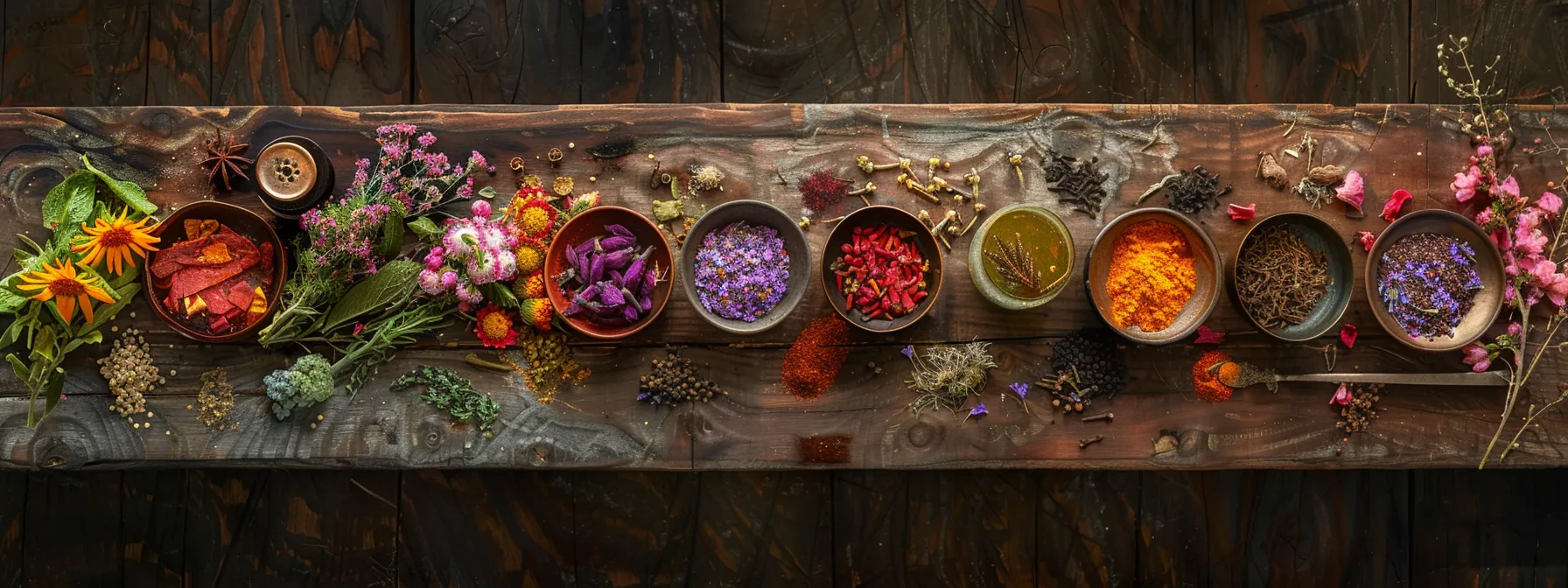 a rustic wooden table adorned with various vibrant herbs and spices, showcasing the key ingredients of flat tummy tea.