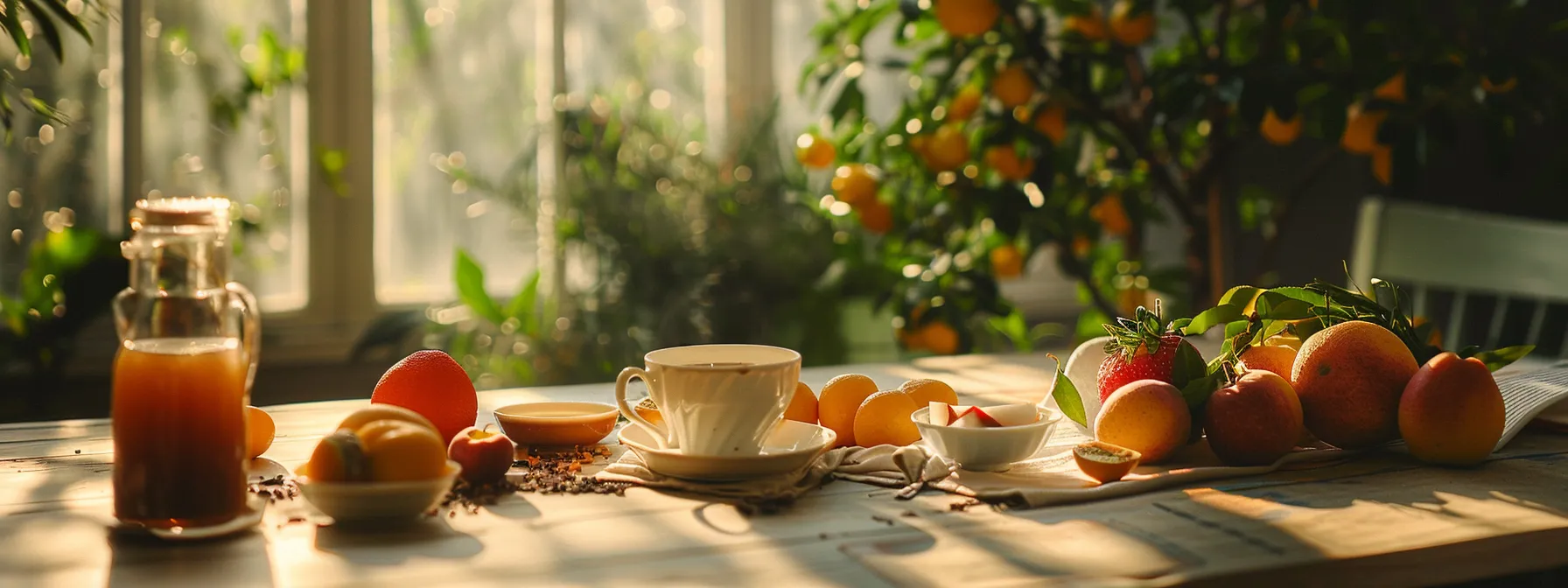 a serene, beautifully arranged breakfast table featuring a cup of flat tummy tea surrounded by colorful fruits and herbal spices.