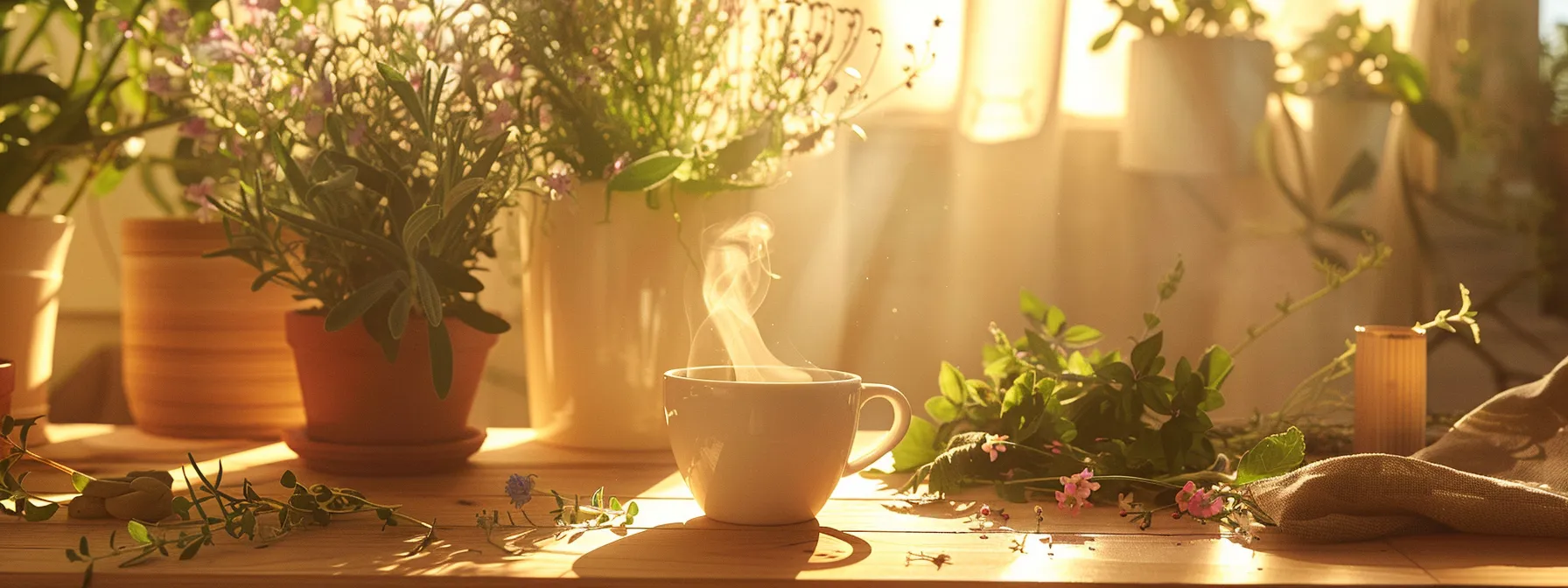 a serene morning scene with a steaming cup of flat tummy tea placed on a wooden table surrounded by fresh herbs and flowers, evoking a sense of calm and well-being.