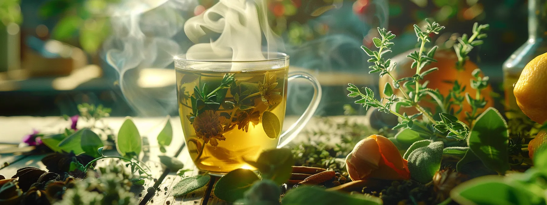 a steaming cup of detox tea surrounded by vibrant, fresh herbs and spices.