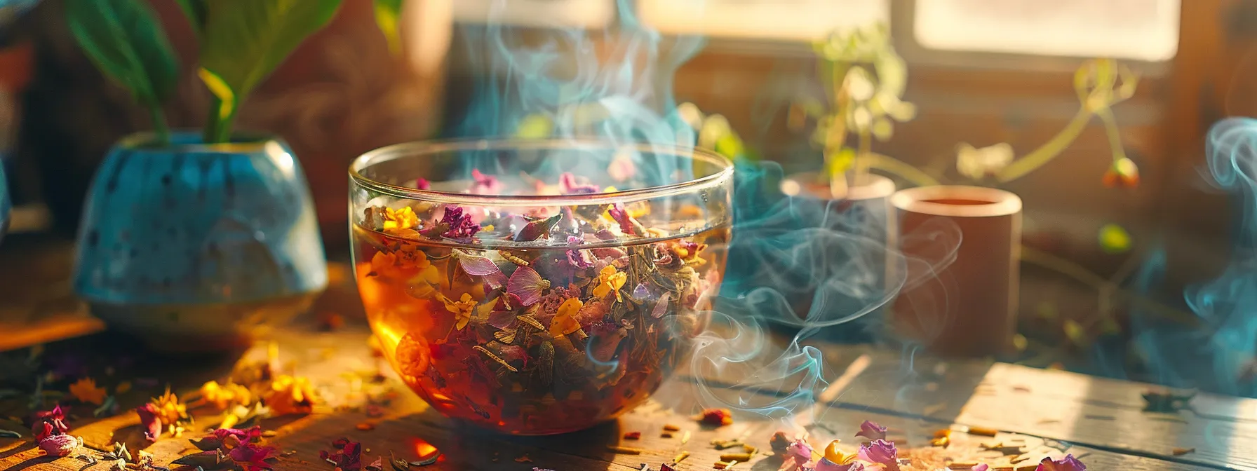 a steaming cup of detox tea filled with vibrant herbal blends, surrounded by scientific studies and key ingredients known for boosting metabolism, creating a visually compelling image of the tea's role in supporting metabolic health.