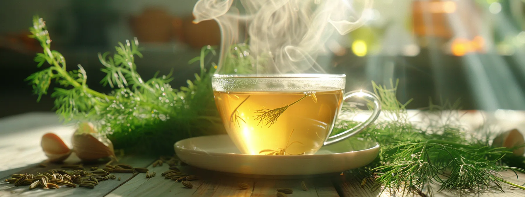 a steaming cup of flat tummy tea surrounded by fresh caraway and fennel, evoking a sense of natural weight loss support.