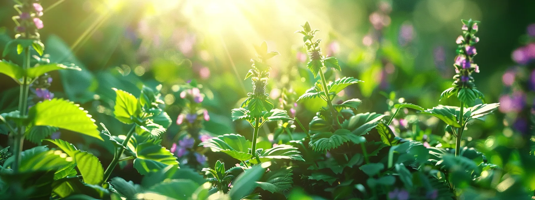 a vibrant and lush garden filled with fresh lemon balm leaves, symbolizing the natural and effective ingredients of flat tummy tea.