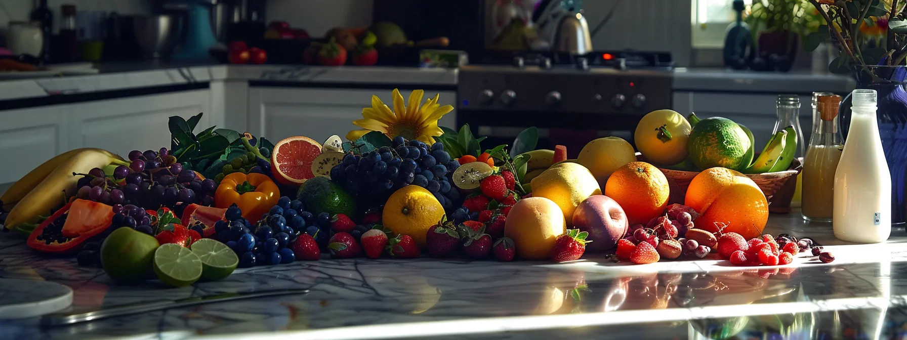 a vibrant array of colorful fruits and superfoods scattered on a kitchen counter, ready to be blended into customized weight loss smoothies.