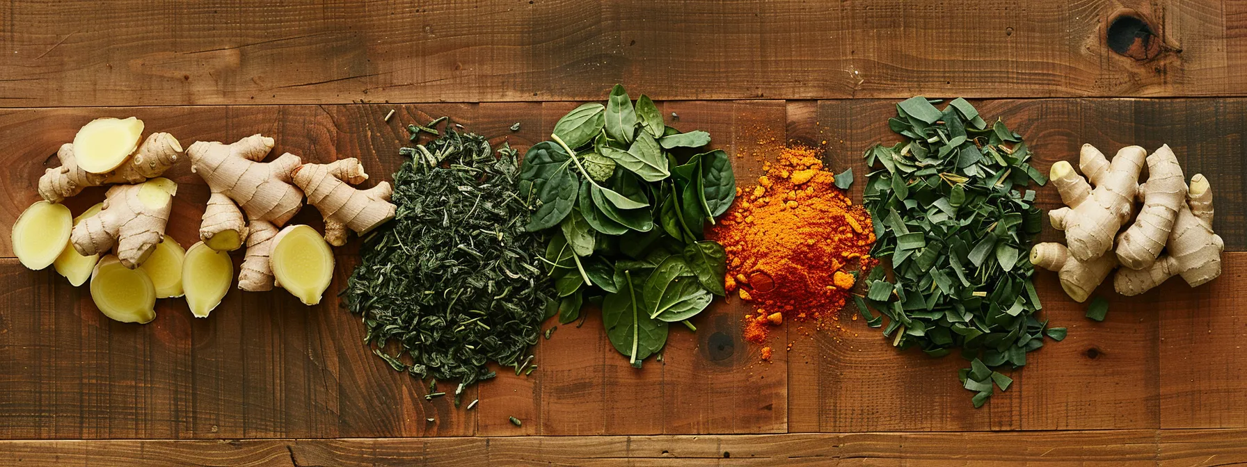 a vibrant array of green tea leaves, ginger roots, dandelion, and cayenne pepper laid out on a wooden table, ready to be used in a detox tea recipe.