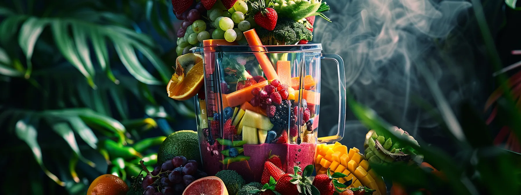 a vibrant, colorful array of fresh fruits and vegetables overflowing from a blender, ready to be blended into a fat-burning smoothie.