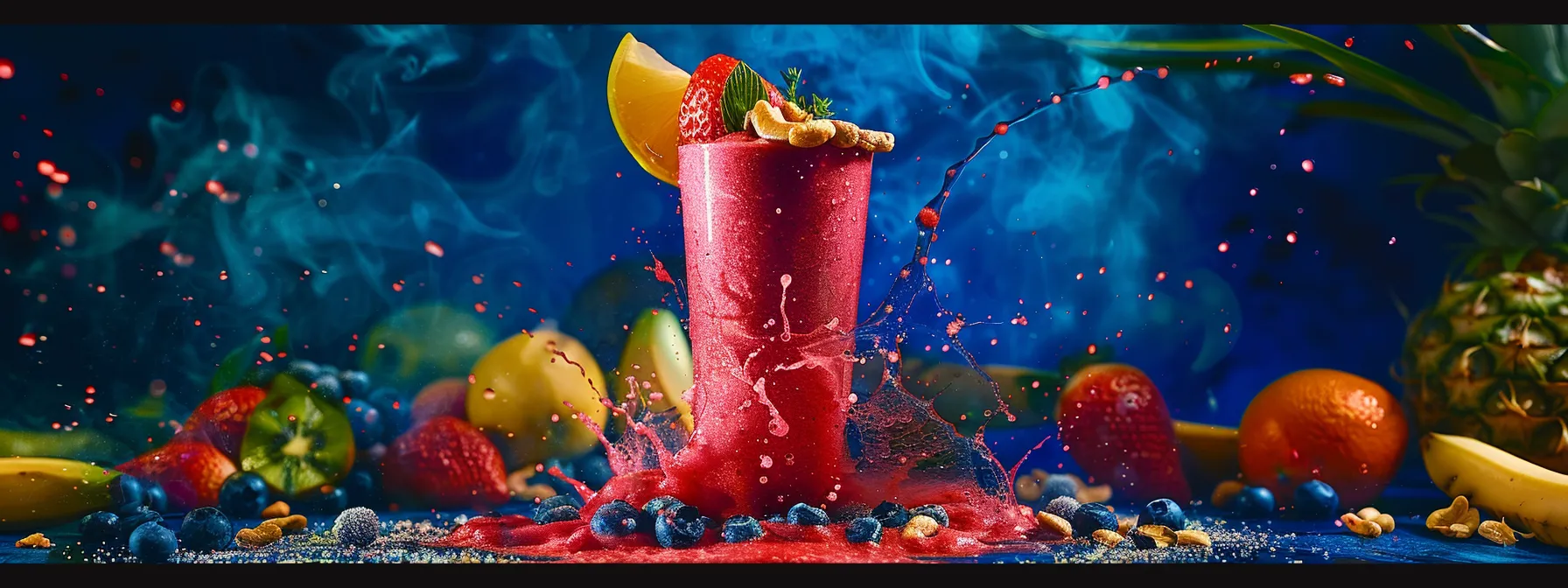 a vibrant, colorful smoothie consisting of rich coconut flavors and essential nutrients, surrounded by fresh ingredients like fruits and nuts.