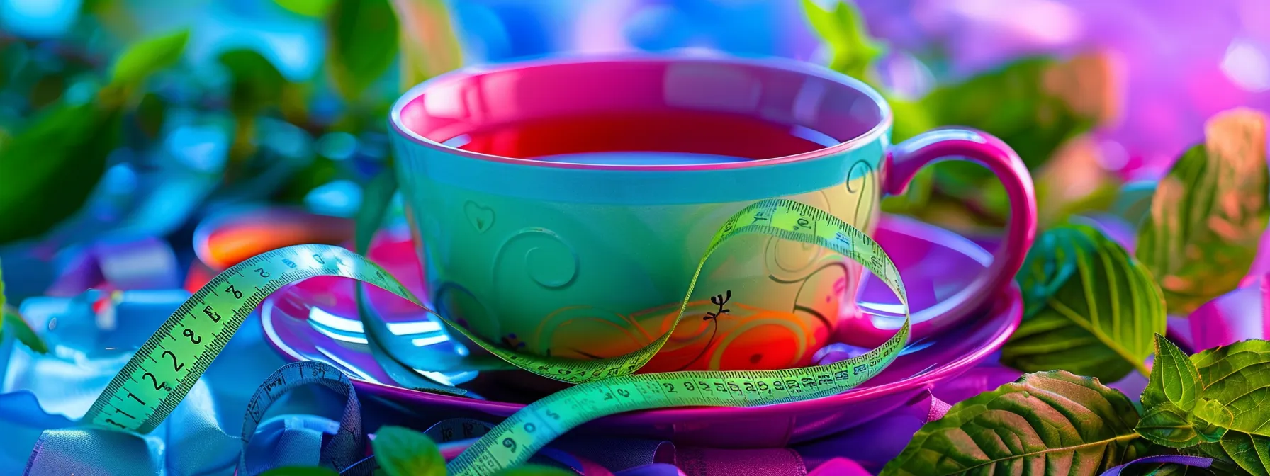 a vibrant, colorful teacup filled with herbal flat tummy tea, surrounded by fresh green tea leaves and a measuring tape, symbolizing health and weight loss.