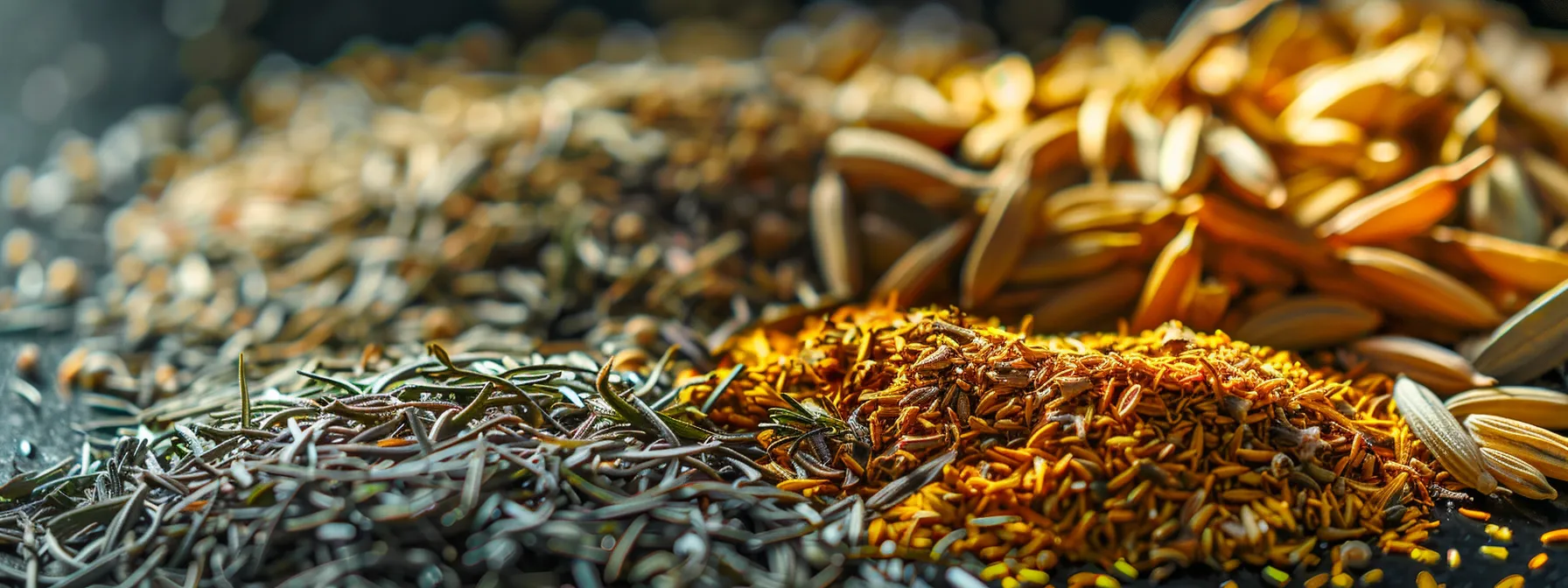 a vibrant mix of aromatic herbs like cumin intertwining with each other, symbolizing the synergistic blend of natural ingredients in flat tummy tea.