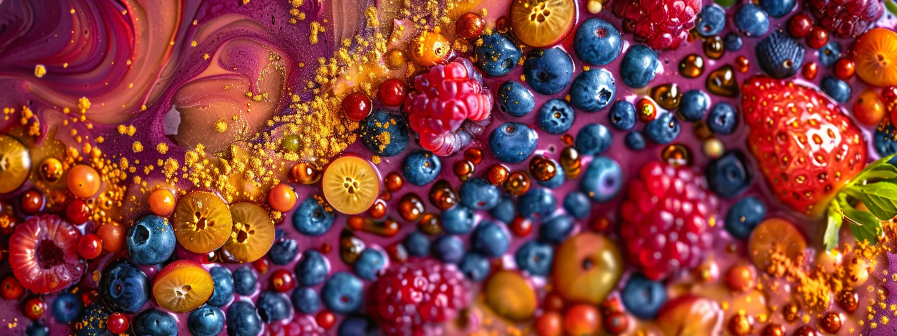 a vibrant, overflowing smoothie bowl filled with colorful berries, leafy greens, and a dollop of nut butter, topped with a sprinkle of cayenne pepper for an extra metabolism boost.