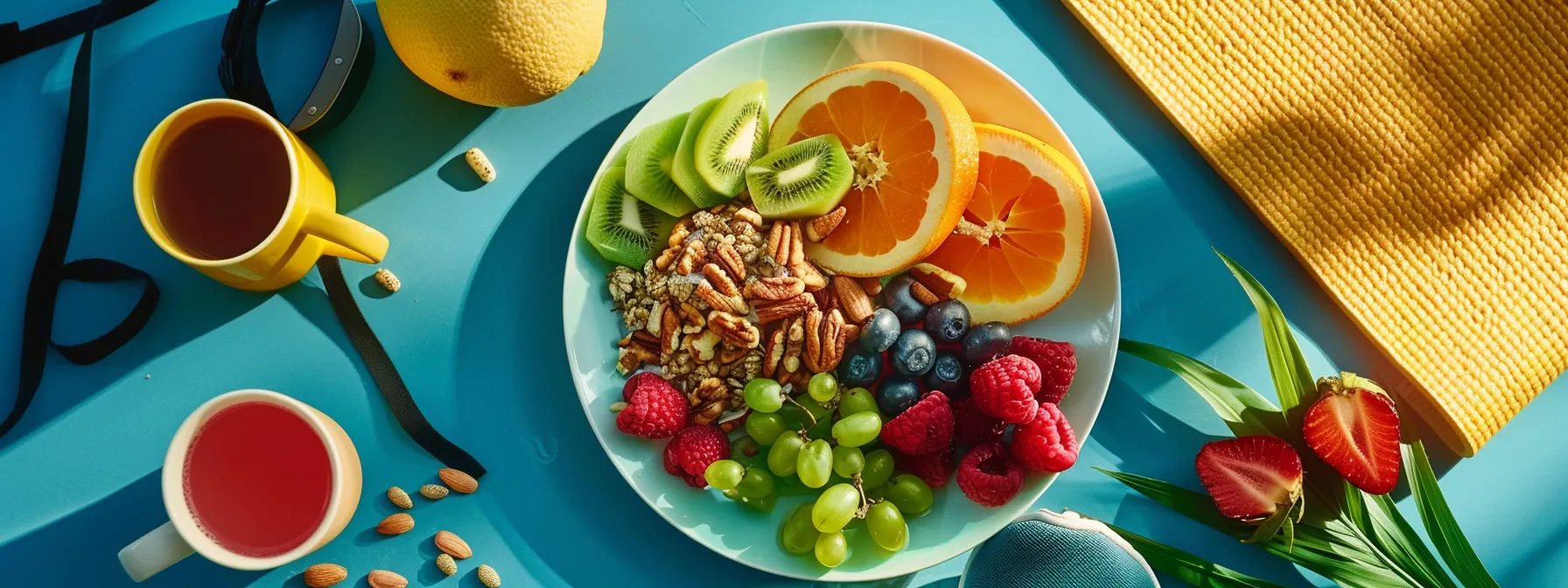 a vibrant plate filled with nutrient-dense foods, a cup of white tea, and a coffee bean extract supplement, all surrounded by a yoga mat and running shoes to emphasize the importance of exercise for maximizing metabolism naturally.