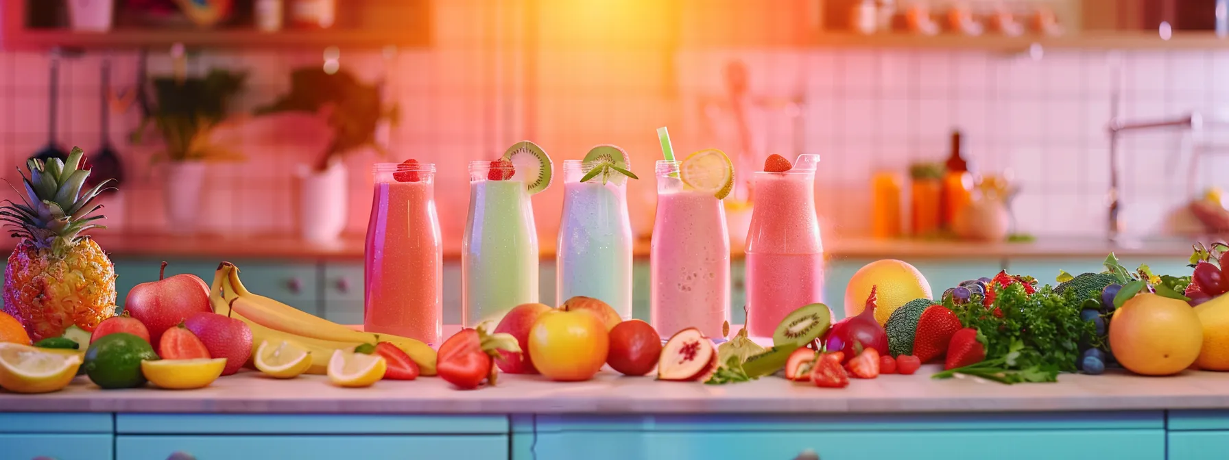 a woman blending a colorful array of keto diet shakes, surrounded by fresh fruits and vegetables, in a bright and modern kitchen.