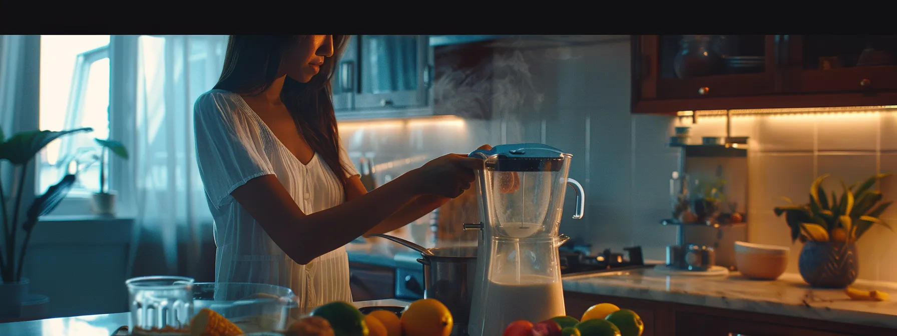 a woman blending a creamy, delicious keto shake in a sleek, modern kitchen setting.