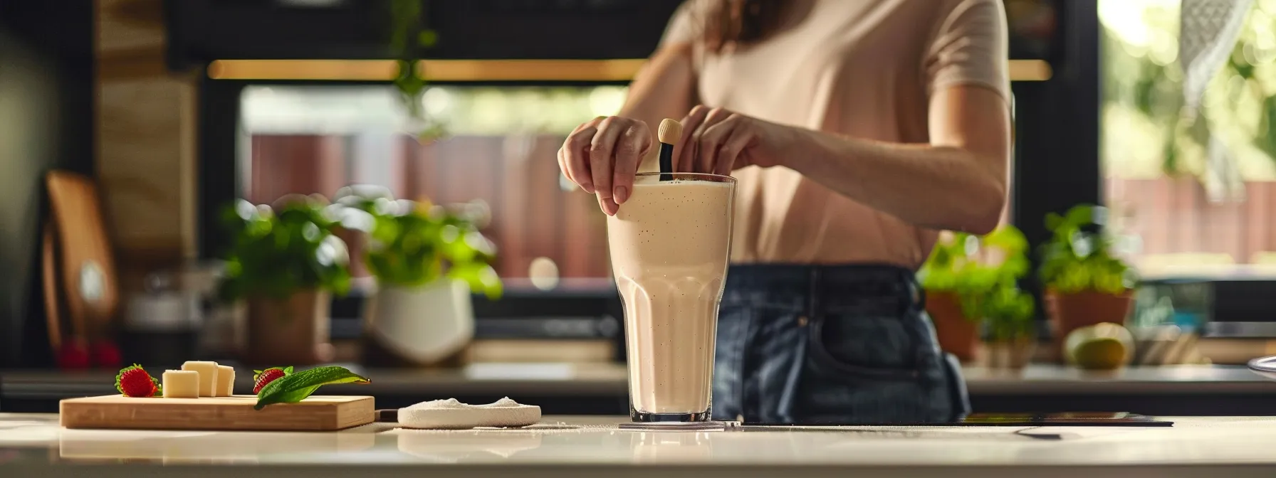 a woman blending a creamy whey protein shake in a sleek, modern kitchen.