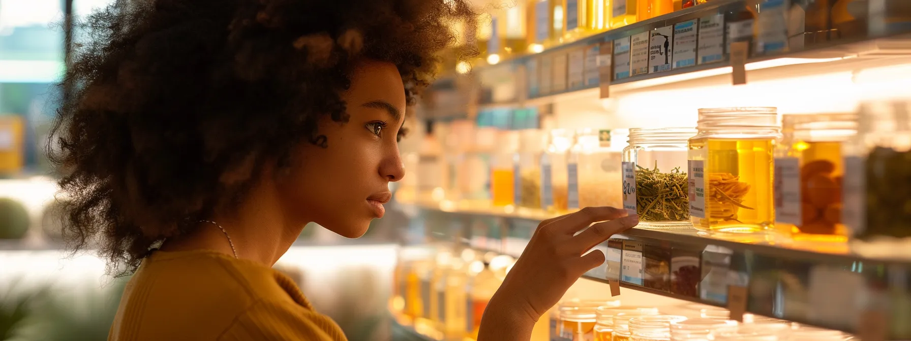 a woman carefully examining various detox tea labels at a health store, comparing organic versus non-organic options for purity and effectiveness.