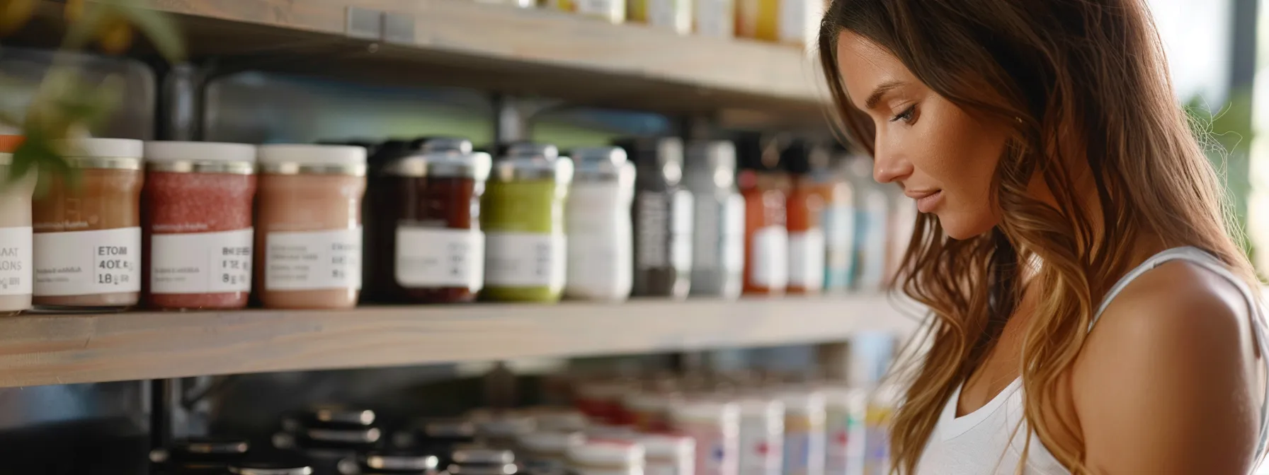 a woman carefully scrutinizing nutritional labels on a variety of keto diet shakes, looking for quality ingredients and zero hidden sugars or carbs.