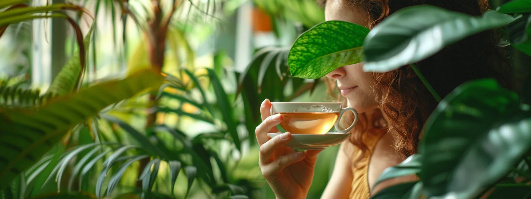 a woman enjoying a calming cup of herbal tea, surrounded by lush greenery and a sense of serenity.