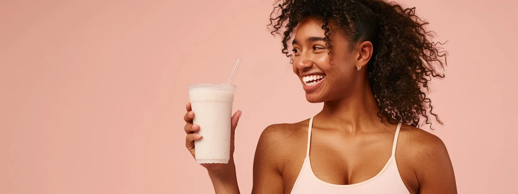 a woman happily holding a protein shake, surrounded by before-and-after photos of her weight loss journey.