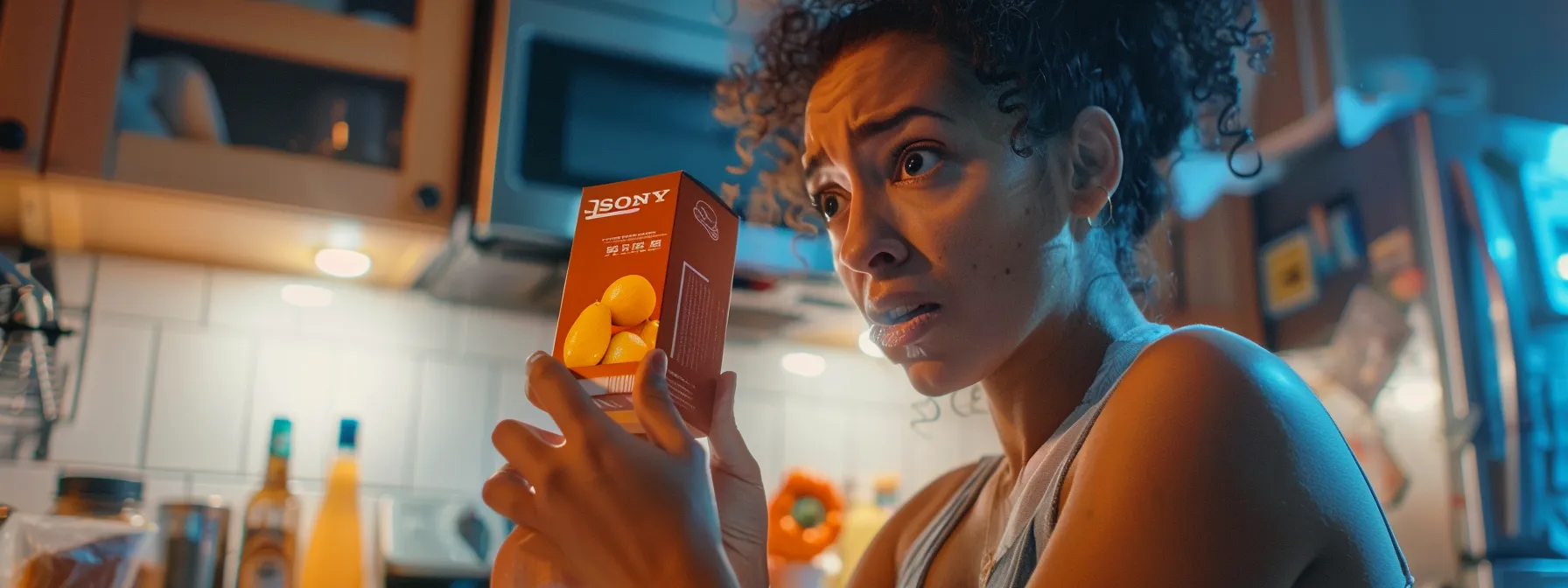 a woman skeptically examines a box of flat tummy tea amidst a cluttered kitchen, questioning its weight loss claims.