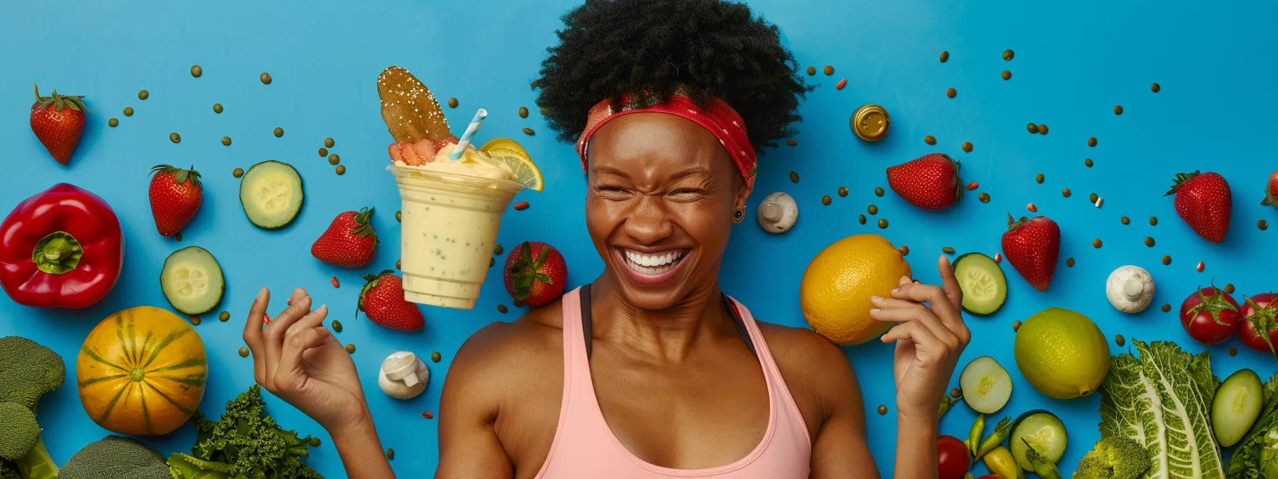 a woman wearing workout clothes smiles triumphantly while holding a keto diet shake, surrounded by fresh vegetables and dairy alternatives, symbolizing real-life success and weight loss.