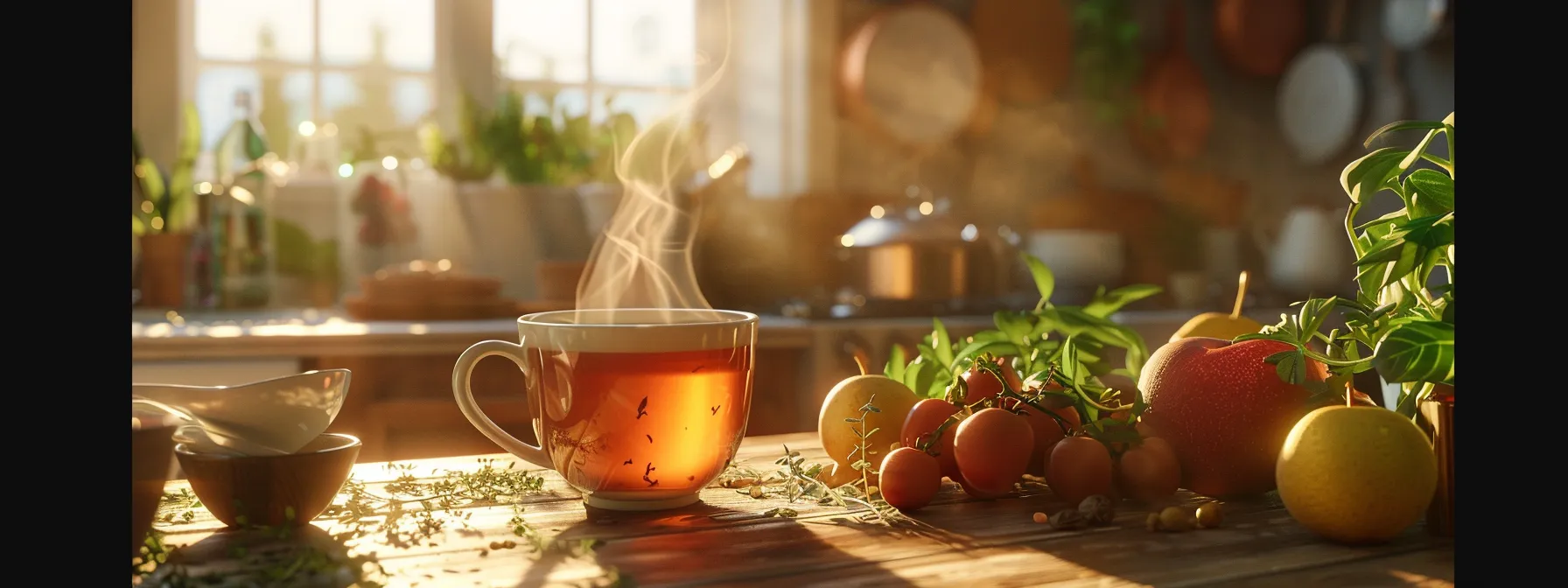 in a cozy kitchen, a steaming cup of flat tummy tea sits on a wooden table surrounded by fresh herbs and fruits, radiating warmth and tranquility.