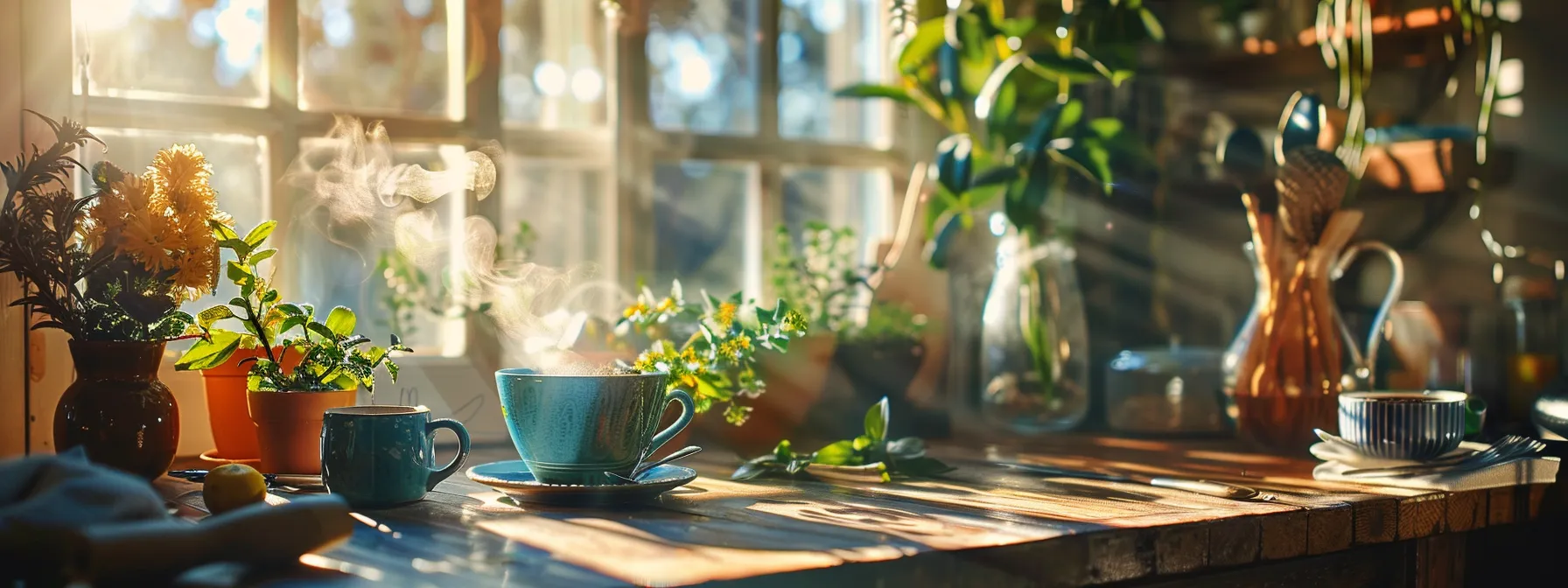 savoring a steaming cup of detox tea in a cozy kitchen, surrounded by fresh ingredients and a peaceful morning light.