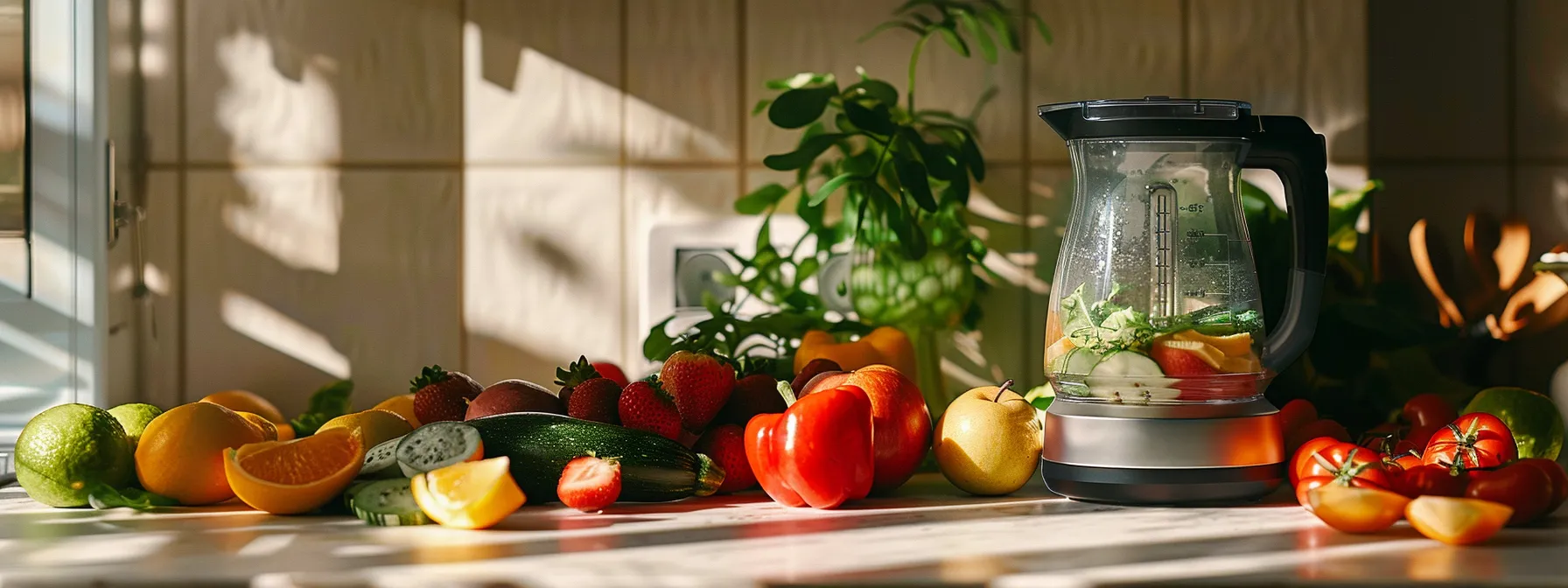 vibrant fruits and vegetables scattered on a kitchen counter next to a blender, ready to be blended into fat-burning smoothie recipes.