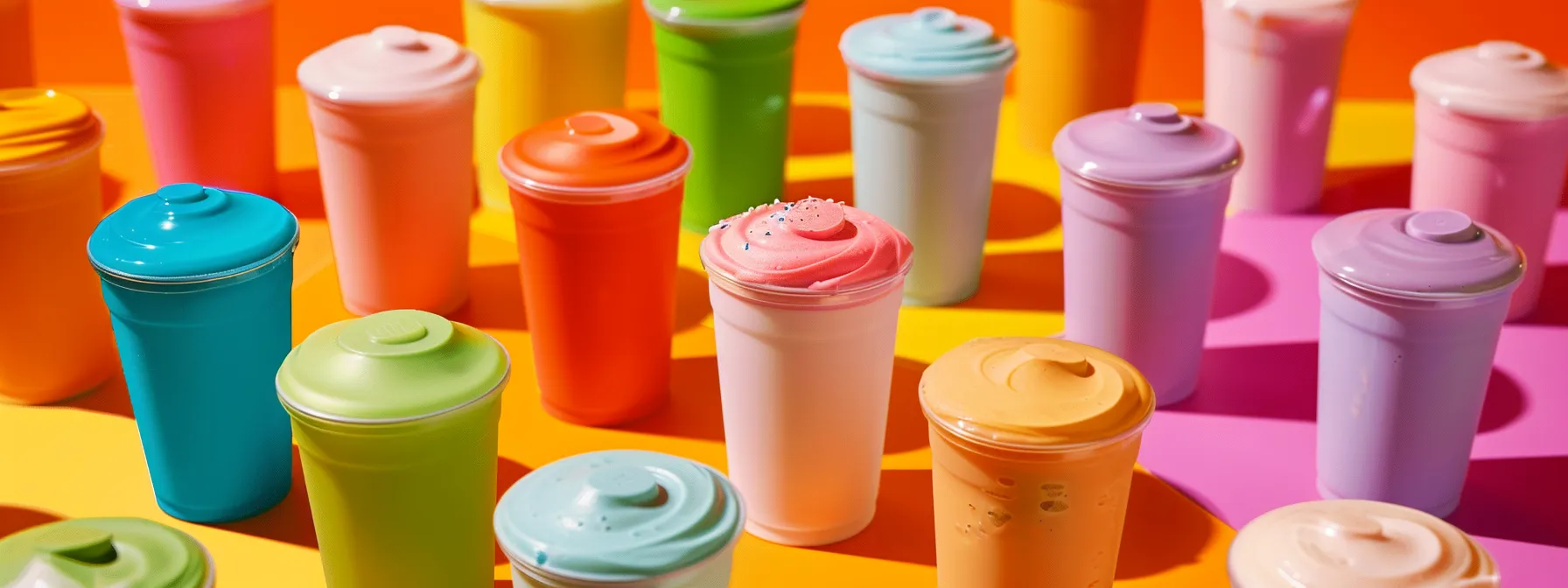 a colorful array of custom protein shakes, featuring soy, dairy-free, gluten-free, and nut-free options, displayed on a vibrant table setting.