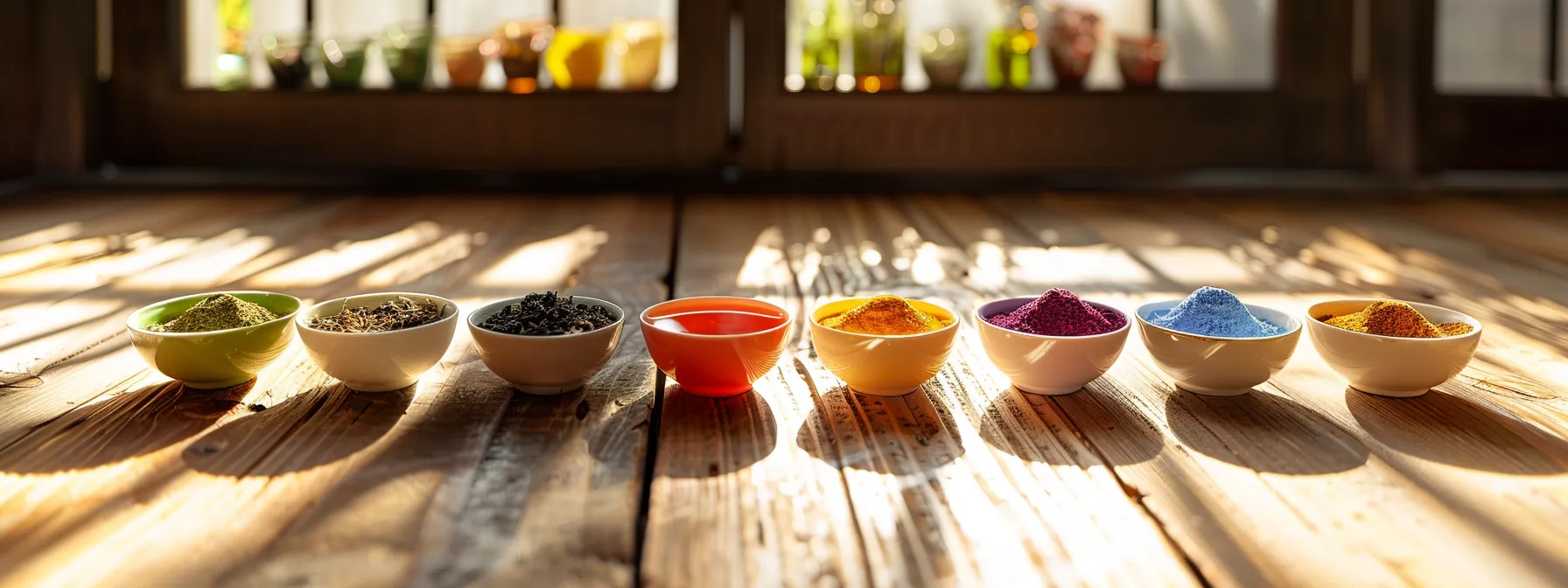 a colorful array of different teas sitting on a wooden table, each labeled with their unique benefits for effective weight loss.