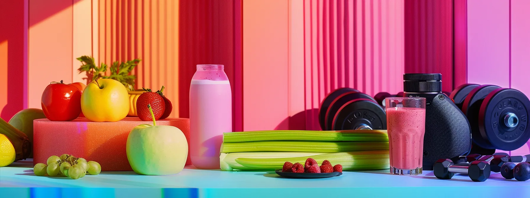 a colorful array of fresh celery and berries arranged next to a protein shake and exercise equipment, showcasing the key elements of a personalized shake diet and exercise plan.