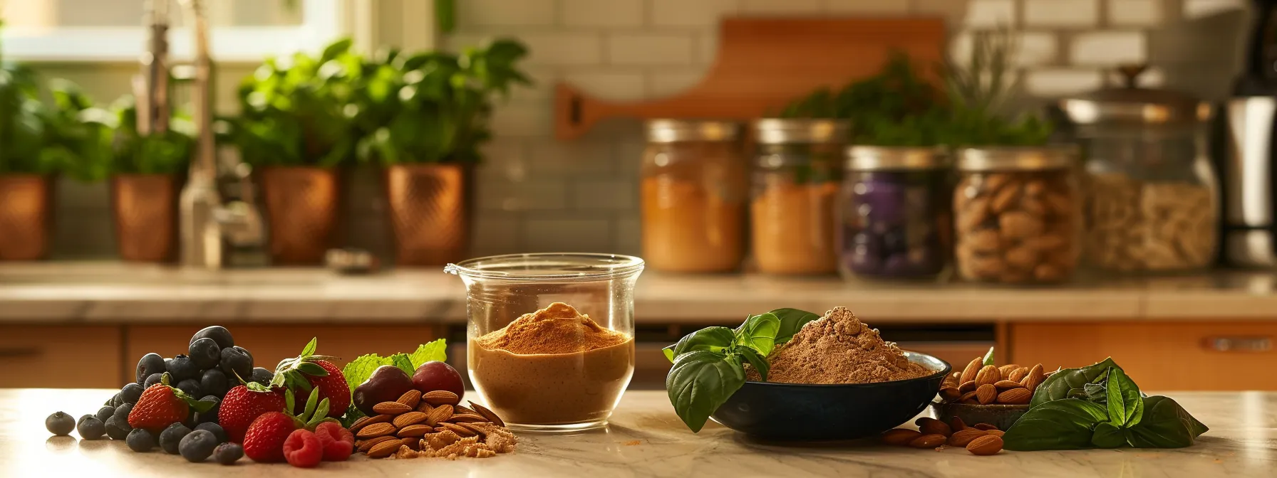 a colorful array of fresh ingredients like almond butter, powders, and fruits, beautifully arranged on a kitchen counter, ready to be blended into homemade keto shakes for effective fat loss.