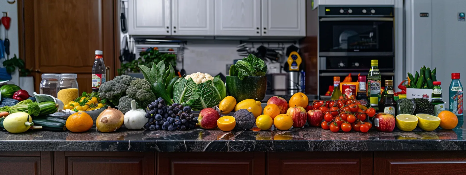 a colorful array of fruits, vegetables, and lean proteins neatly organized on a kitchen counter, ready to be assembled into a personalized meal plan.