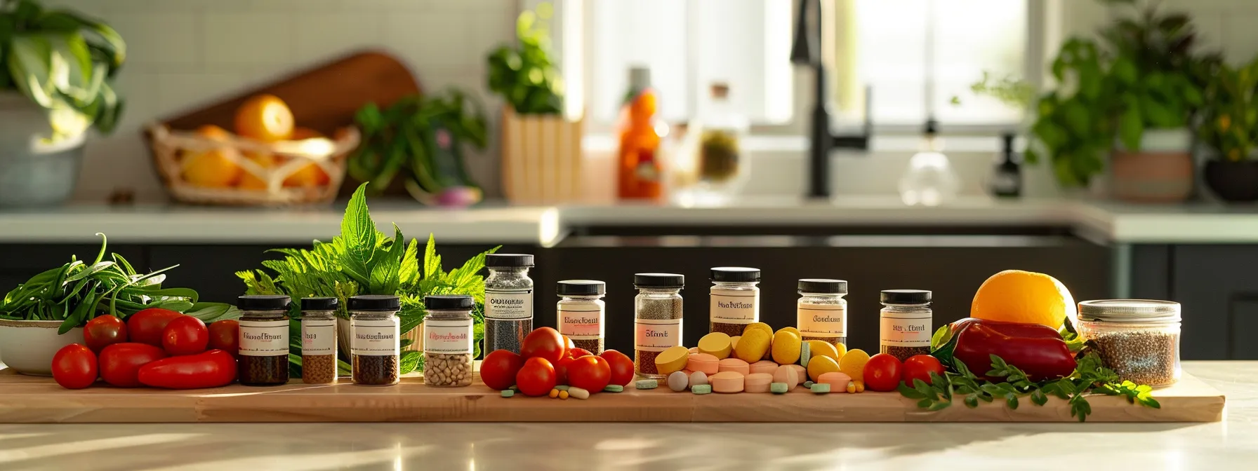 a colorful array of herb-based supplements neatly arranged on a kitchen counter next to fresh fruits and vegetables.