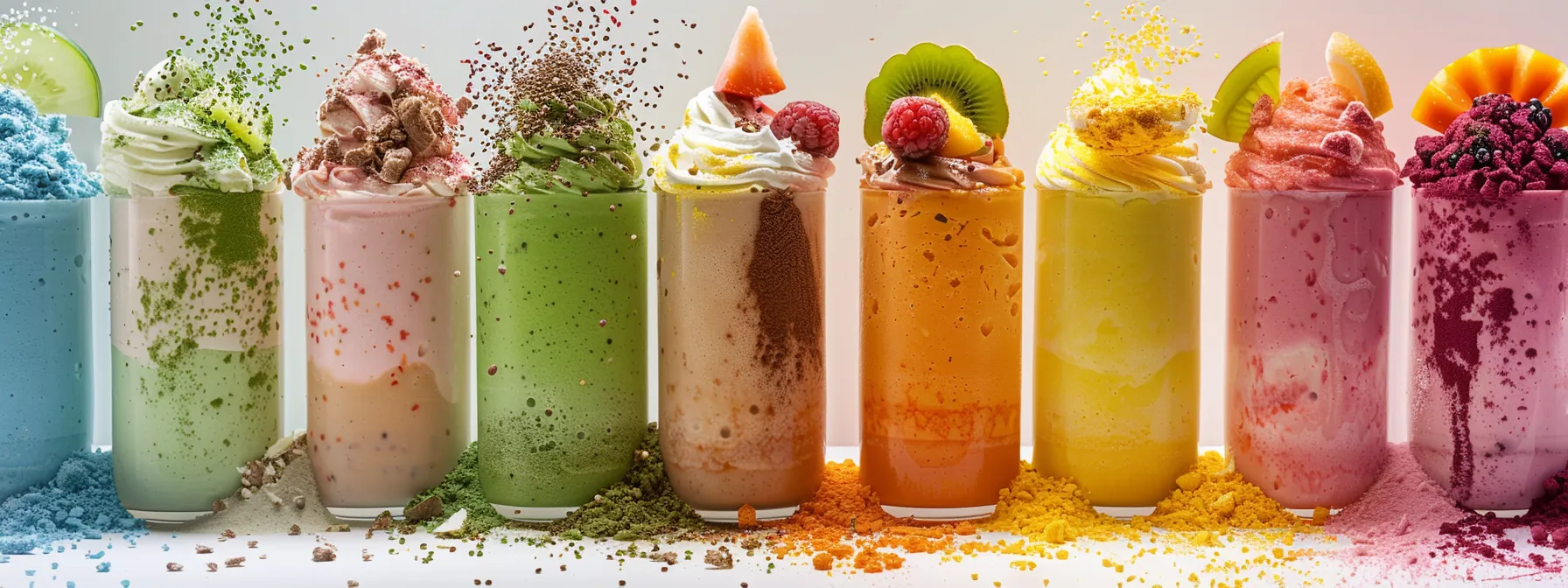 a colorful array of high-protein shakes in vibrant hues of green, brown, pink, and yellow, each garnished with fresh fruit and sprinkled with protein powder, displayed on a white countertop.