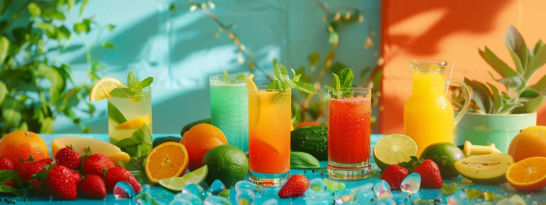 a colorful array of hydrating fruits and vegetables on a vibrant table, surrounded by glasses of spicy capsaicin-infused drinks, showcasing the link between hydration, nutrition, and metabolism.