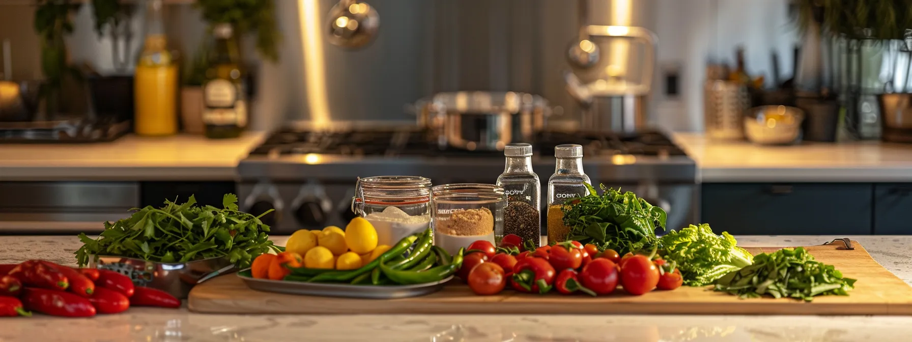 a colorful array of keto-friendly ingredients neatly organized on a kitchen counter, showcasing a variety of fresh vegetables, lean proteins, and healthy fats.