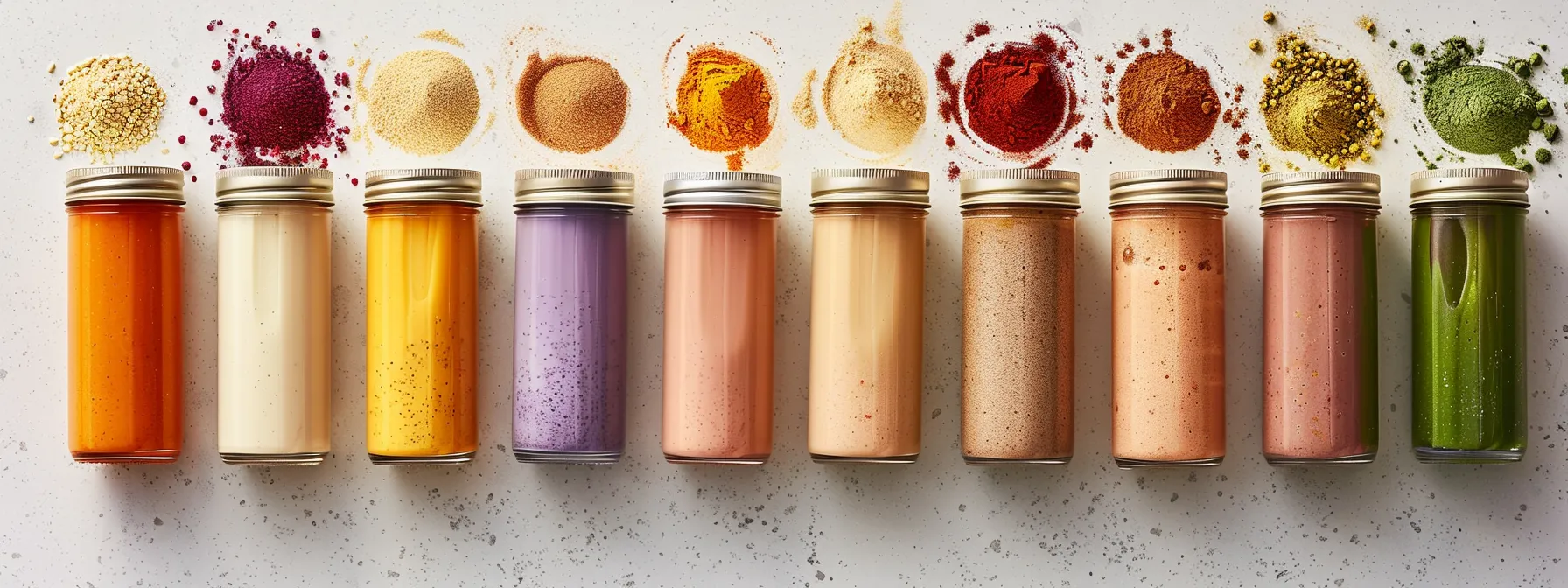 a colorful array of meal replacement shakes lined up, showcasing a variety of healthy ingredients like spices and olive oil to enhance flavor and maintain essential nutrients.