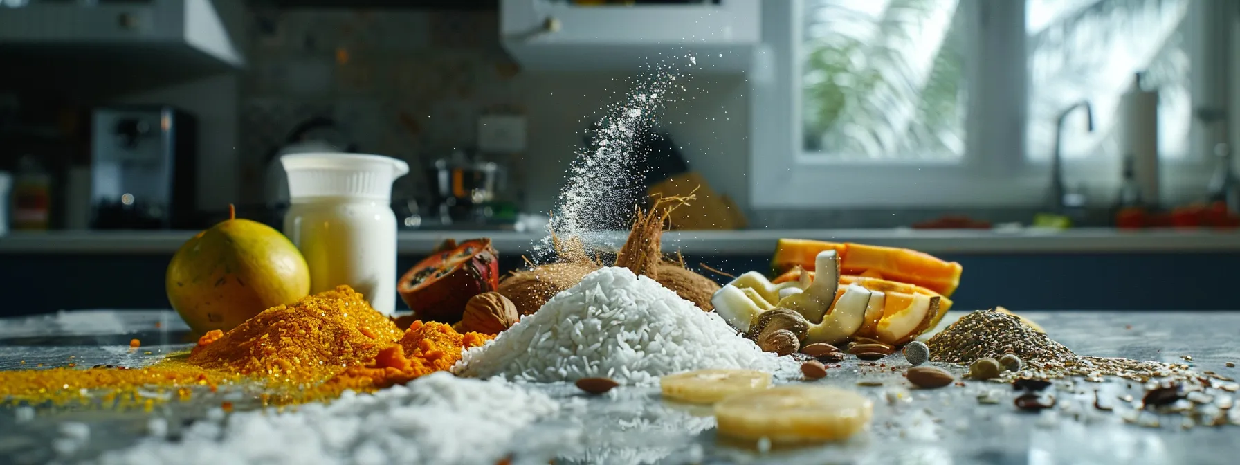 a colorful array of natural ingredients - coconut, fruits, and seeds - spread out on a kitchen counter, ready to be blended into a nutritious weight loss shake.