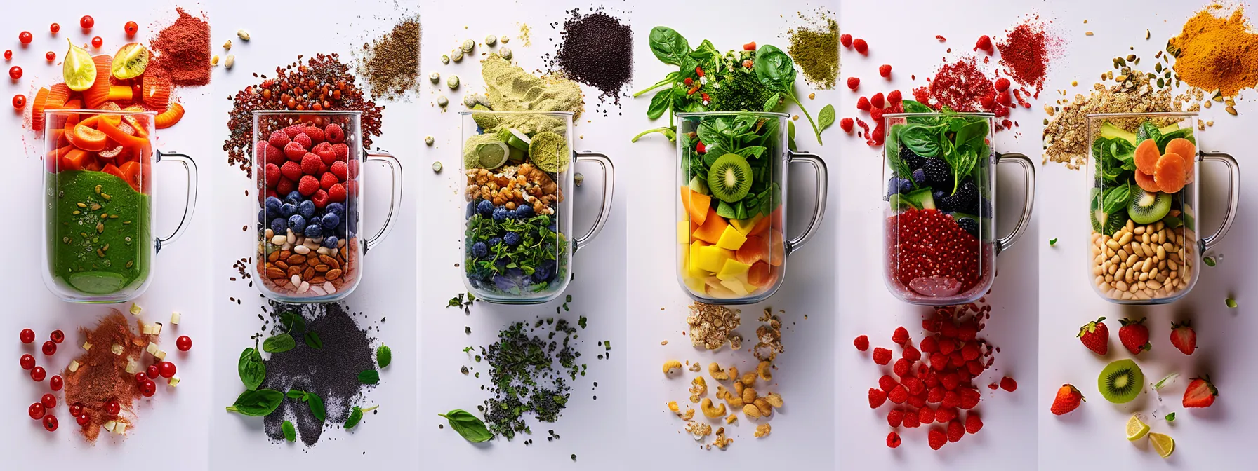 a colorful array of natural ingredients like fresh fruits and vegetables, protein powder, and nut butter being blended together in a powerful blender to create a nutritious weight loss shake.